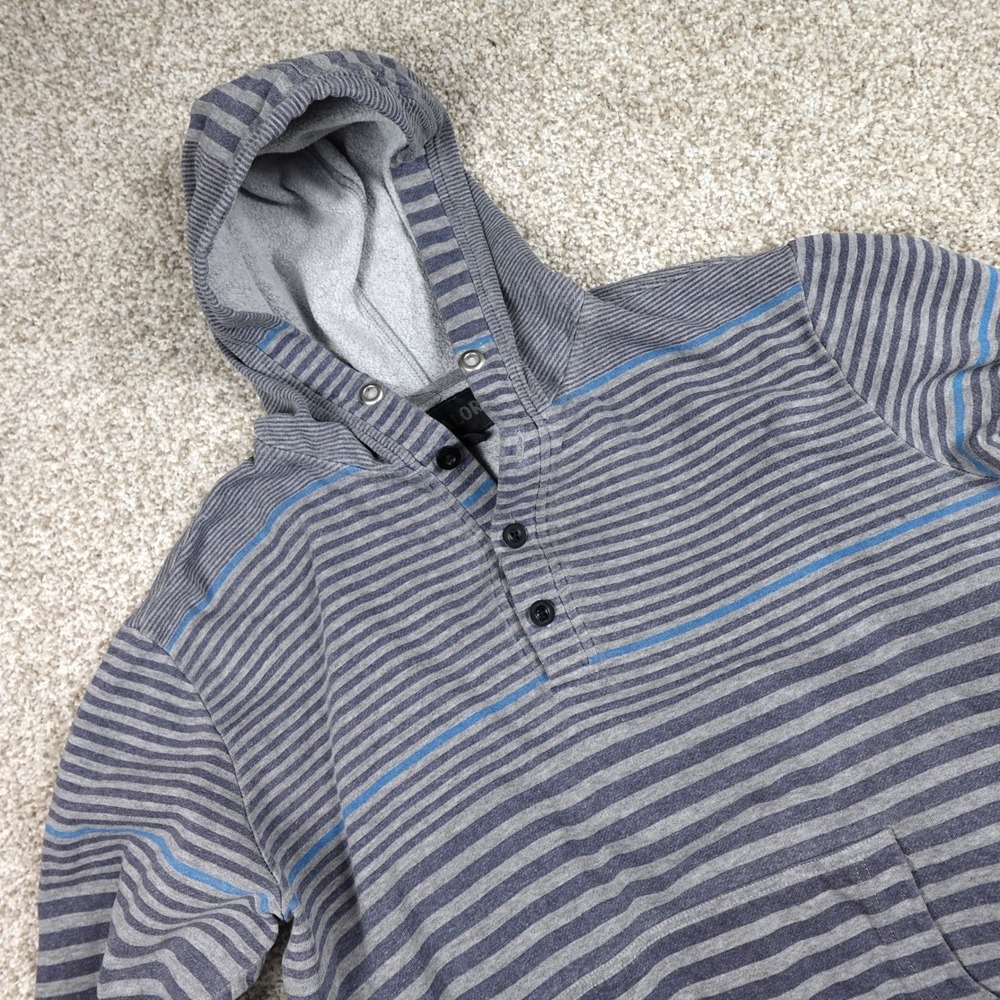 Valor Mens Striped Henley Hoodie Grey Blue Long‎ Sleeve Sweatshirt Medium